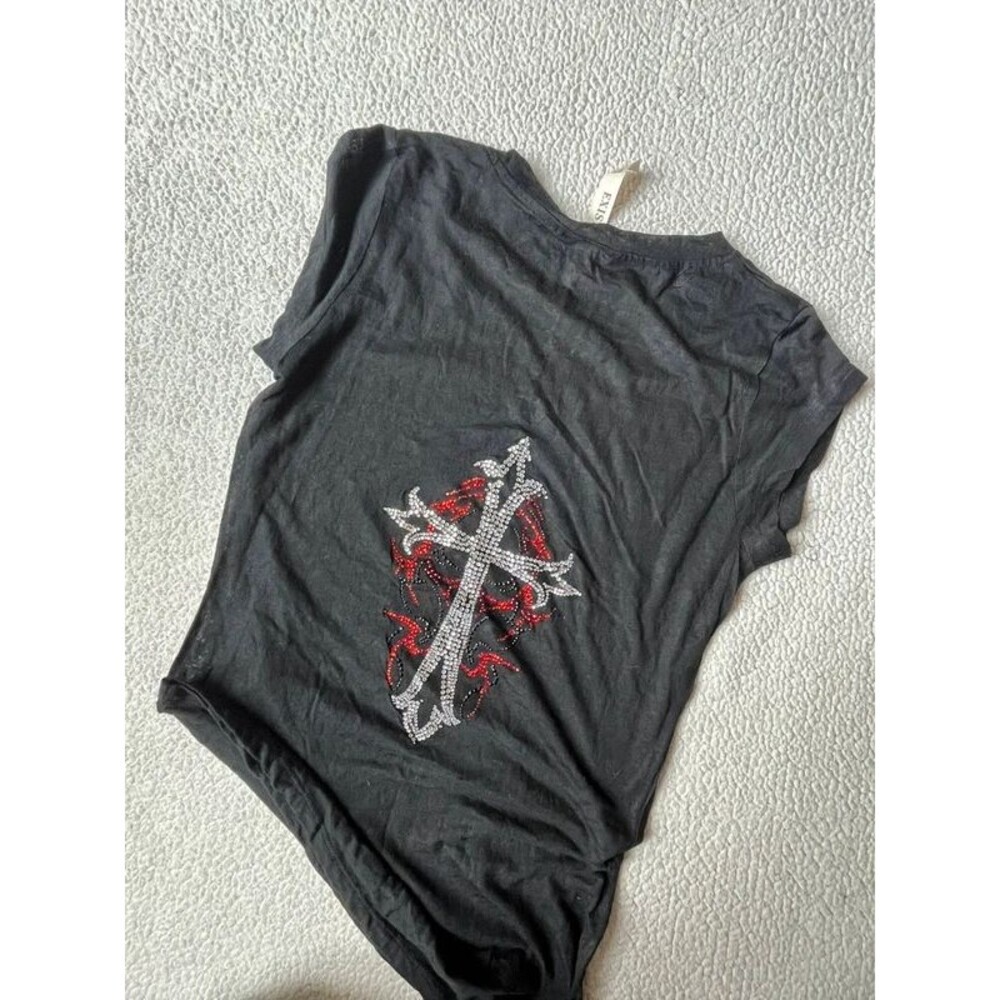 Vintage Y2K Exist Rhinestone Cross Black Biker Tshirt Cotton Blend Womens Medium